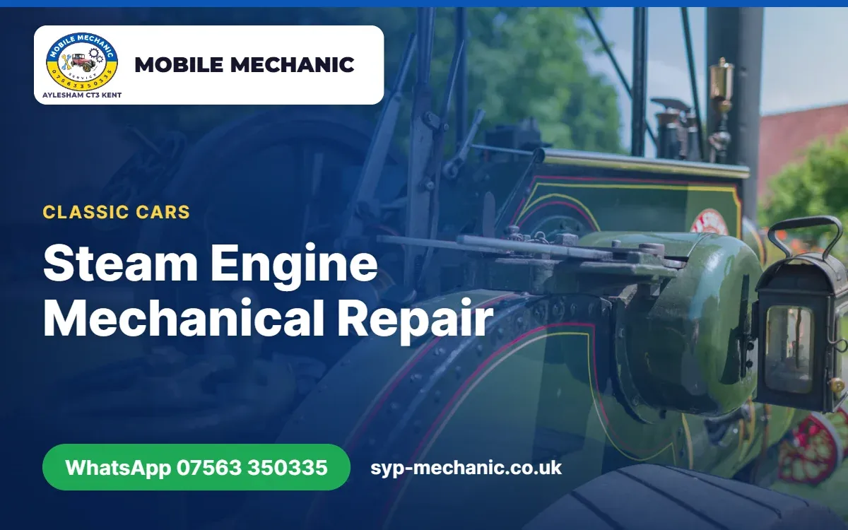 Valve gear and motion work on a traction engine being checked by a mechanic based in Aylesham, Kent