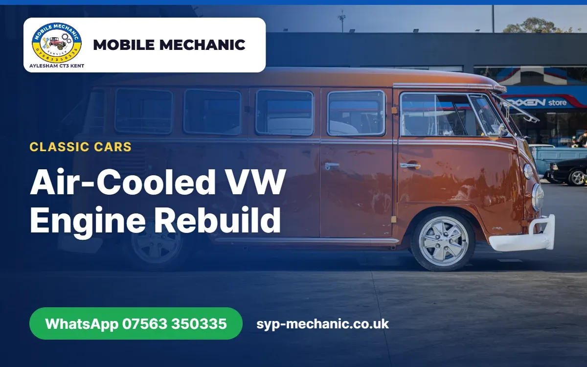 Air-cooled VW flat four engine being checked for wear before a rebuild by a mechanic based in Aylesham, Kent