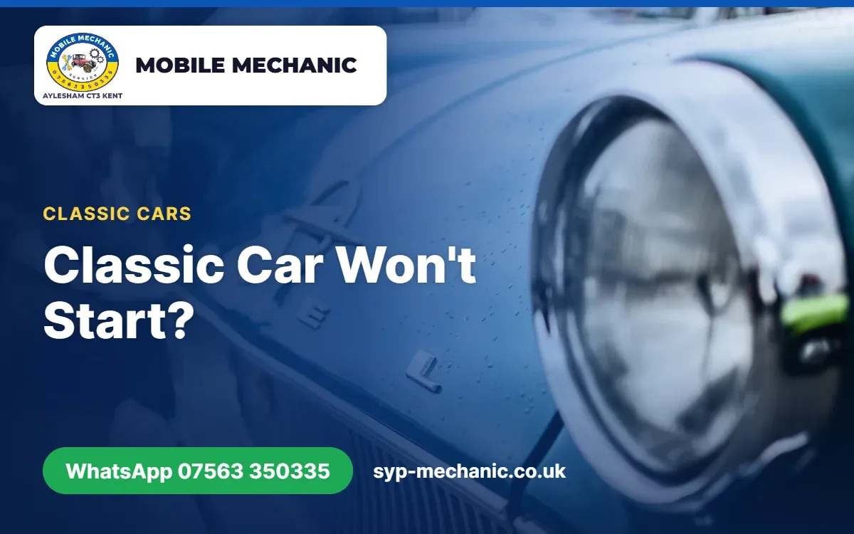 Mechanic checking the distributor and carburettor on a classic car that won't start in Aylesham, Kent
