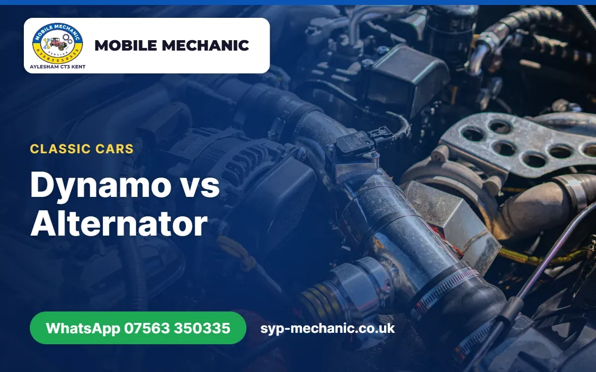 Dynamo and control box under the bonnet of a classic car being checked by a mobile mechanic in Aylesham, Kent