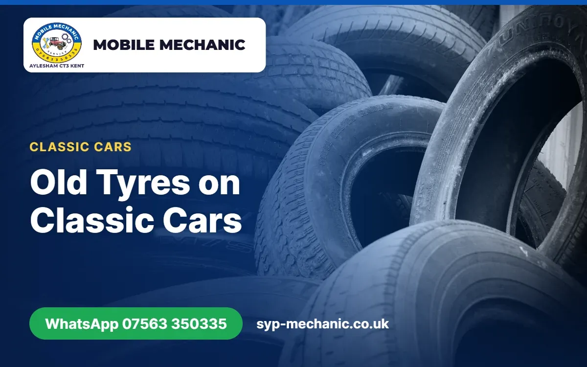 Sidewall date code and cracked rubber on an old classic car tyre being checked by a mobile mechanic in Kent