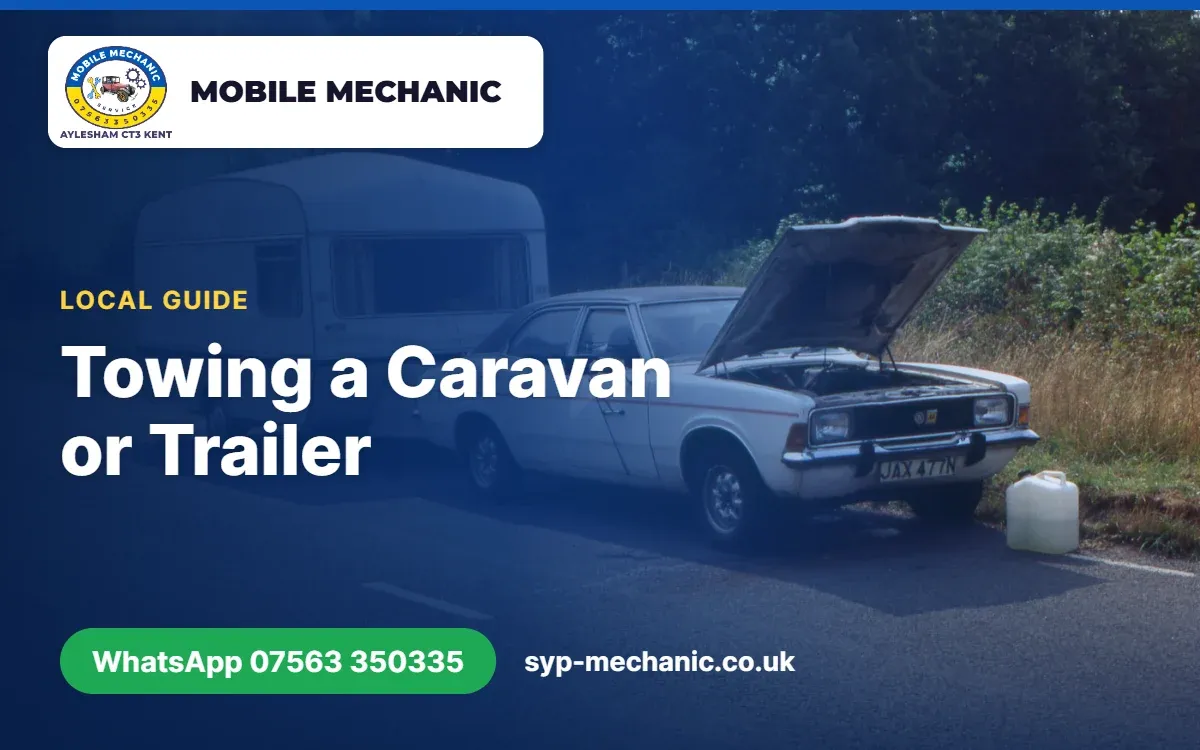 Car coupled to a touring caravan on a driveway in Kent, with tow ball, cable and tyres being checked before a trip