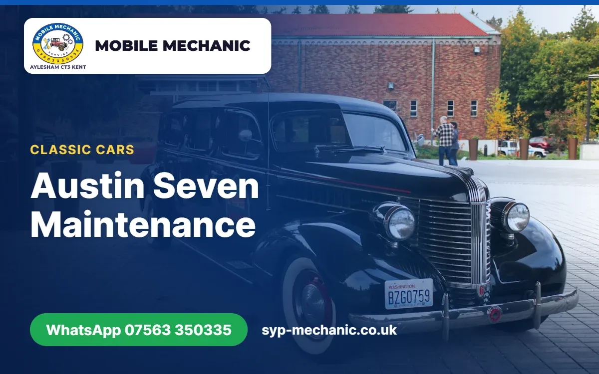 Pre-war Austin Seven being greased and checked by a mobile vintage car mechanic near Aylesham, Kent