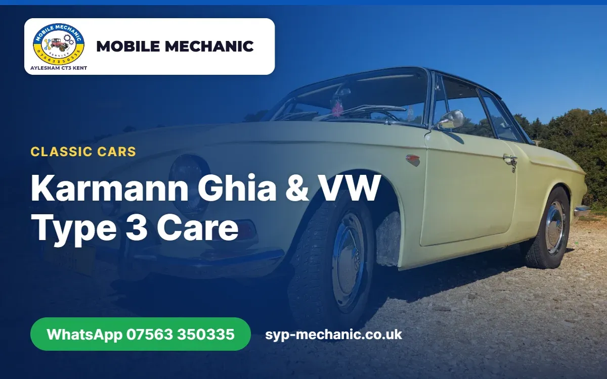 Classic VW Karmann Ghia with its engine lid open for maintenance by a mobile mechanic in Kent