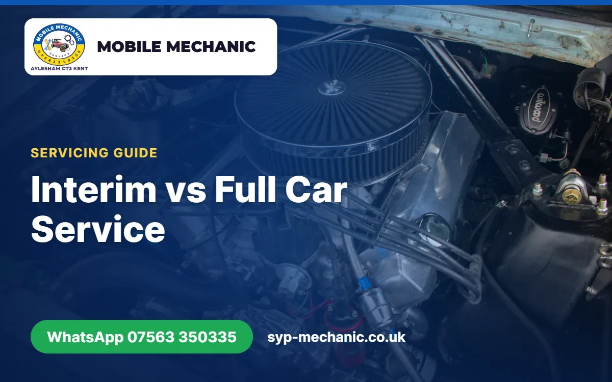 Fresh oil being poured into a car engine with the title Interim vs Full Car Service Checklist, SYP Mechanic Kent