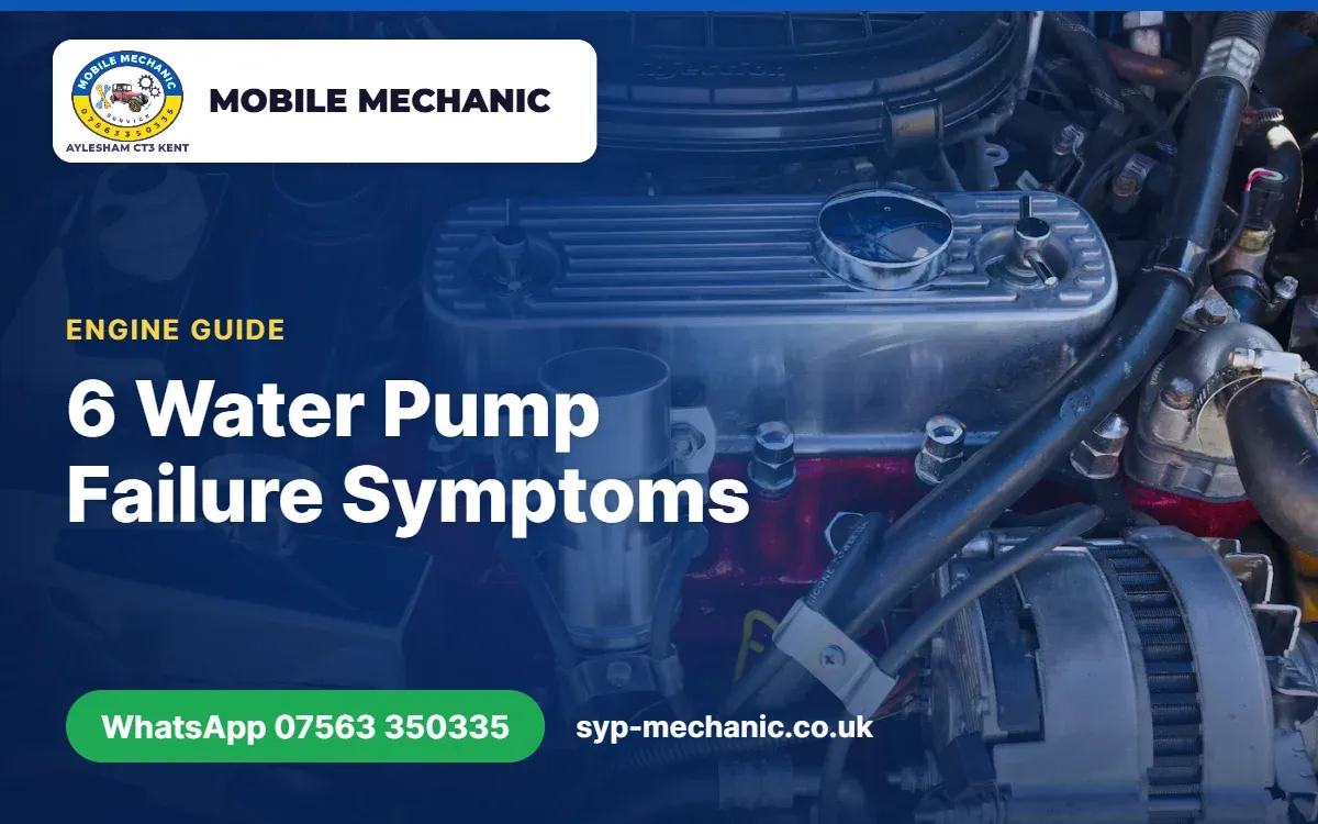 Car engine bay with hoses and belts with the title 6 Water Pump Failure Symptoms, SYP Mechanic Kent