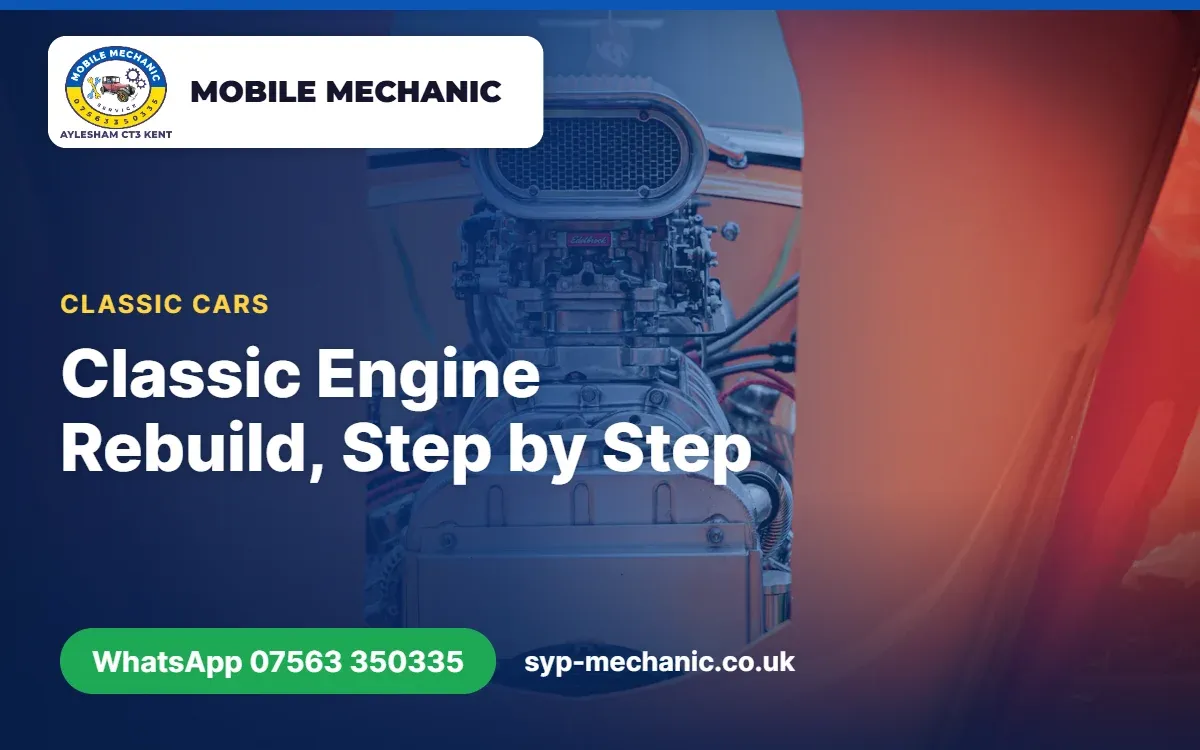 Stripped engine block on a workbench with the title Classic Engine Rebuild, Step by Step, SYP Mechanic Kent