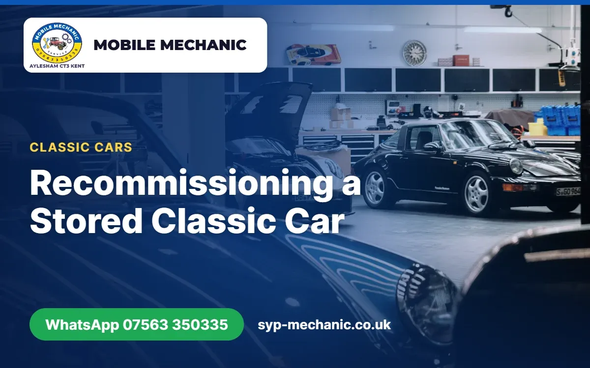 Classic cars parked in a workshop with the title Recommissioning a Stored Classic Car, SYP Mechanic Kent