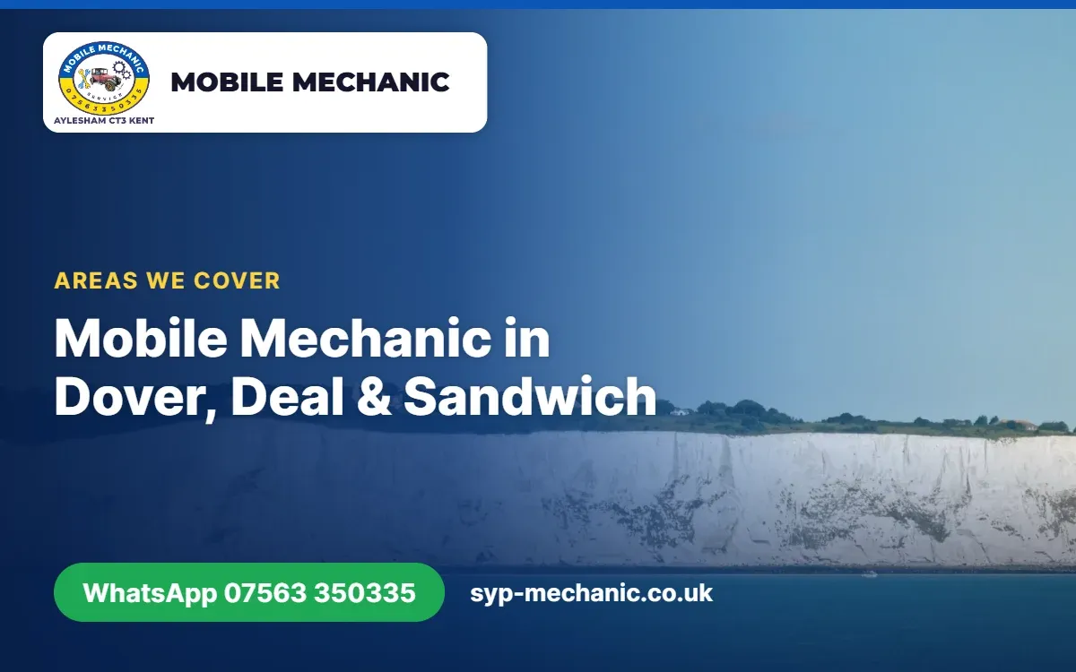 White chalk cliffs above the sea with the title Mobile Mechanic for Dover, Deal and Sandwich, SYP Mechanic Kent