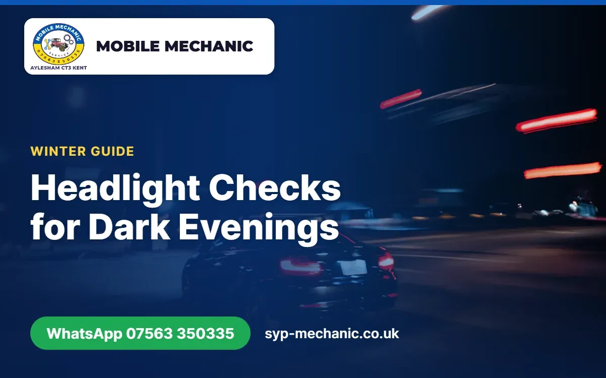 Car headlights glowing on a dark wet country lane, checked by a mobile mechanic in Kent