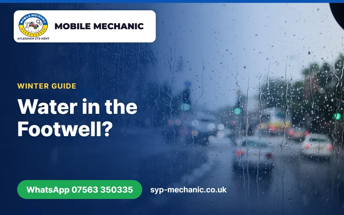 Rain running down a car windscreen and scuttle panel, inspected by a mobile mechanic in Kent