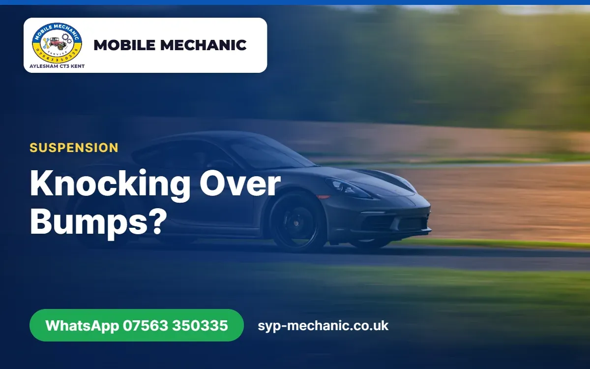 Front wheel and suspension of a car on a Kent driveway, checked by a mobile mechanic