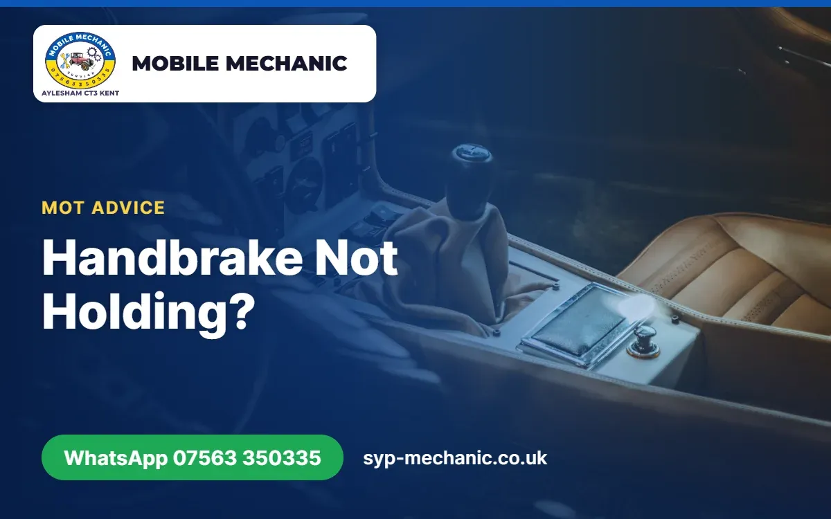 Hand pulling up a car handbrake lever on a sloping Kent street, mobile mechanic Kent