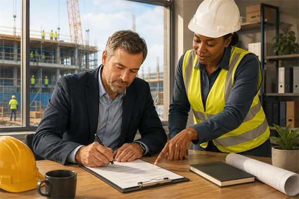 A construction client signs a permit application while a health and safety professional provides guidance beside an active construction site.