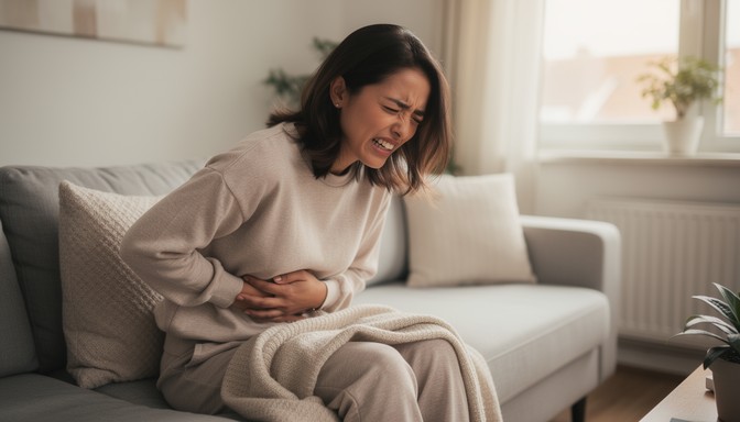 "Person gently placing a hand on their lower abdomen, representing bladder and pelvic pain awareness."