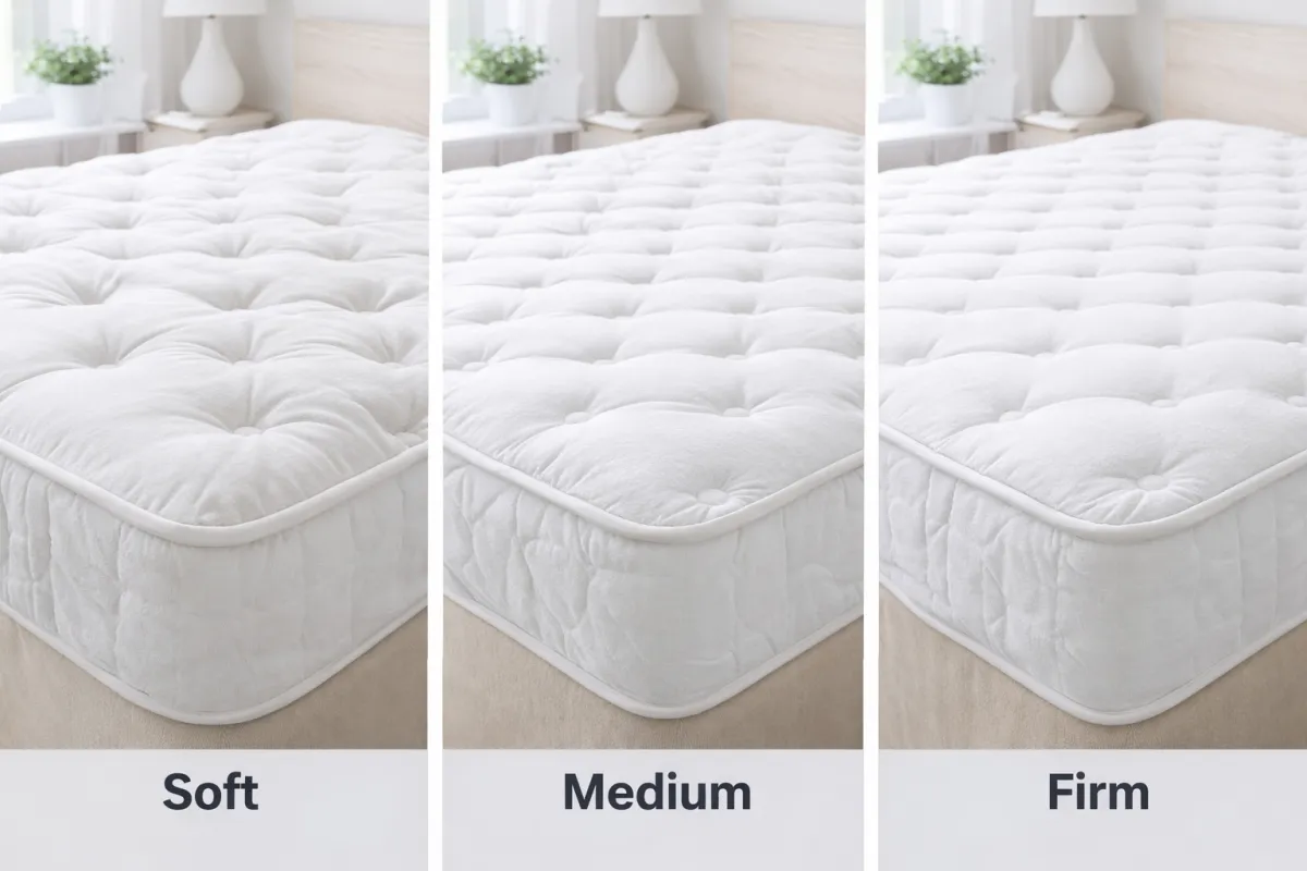 Comparison of soft, medium and firm mattresses showing different firmness levels for choosing the right mattress on the Sunshine Coast