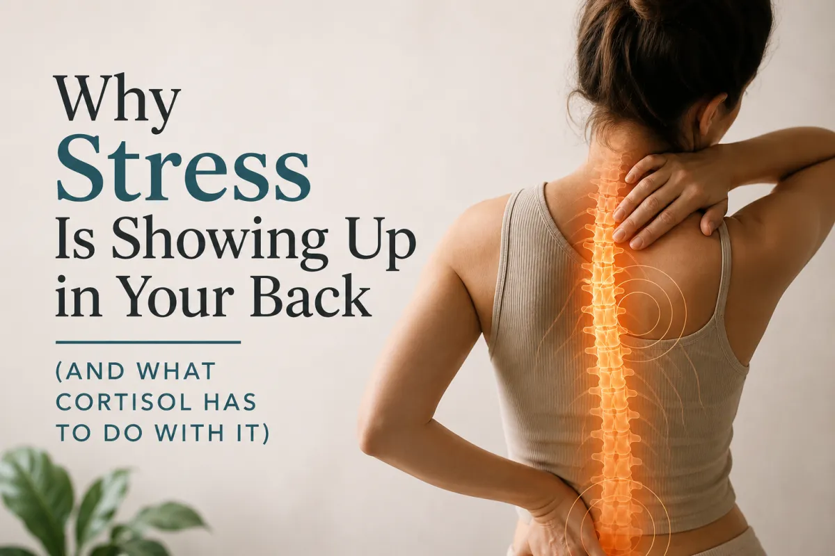 Stress and back pain connection shown through spine tension and cortisol response in the body.
