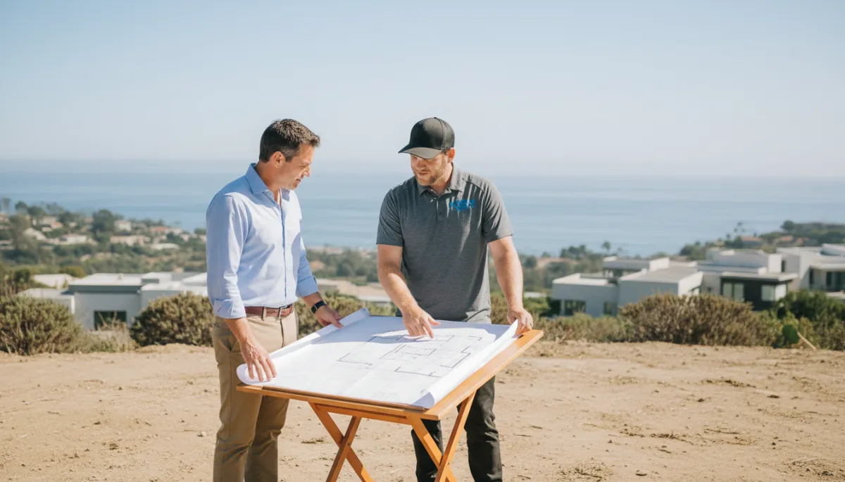 Custom home builder in San Diego reviewing architectural plans during pre-construction phase overlooking coastal La Jolla