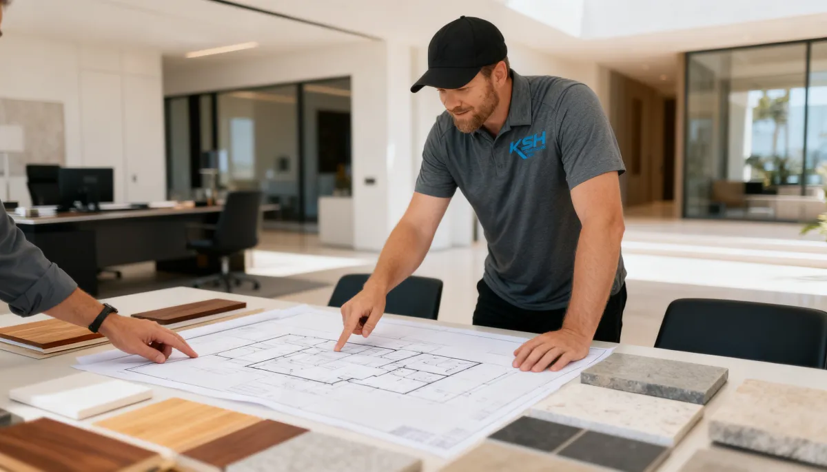 Custom home builder in San Diego reviewing architectural plans and material selections during the design and planning phase