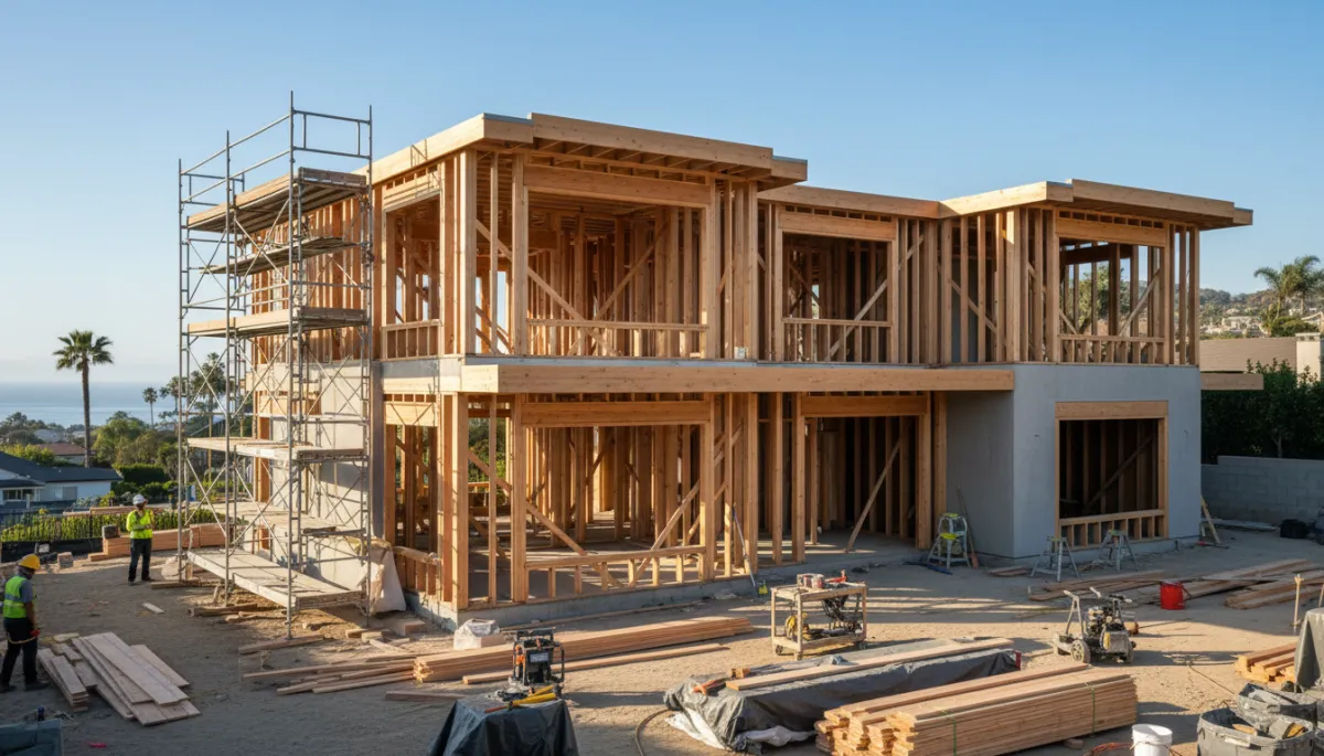 Luxury custom home under construction in San Diego during the framing phase with exposed wood structure and active jobsite