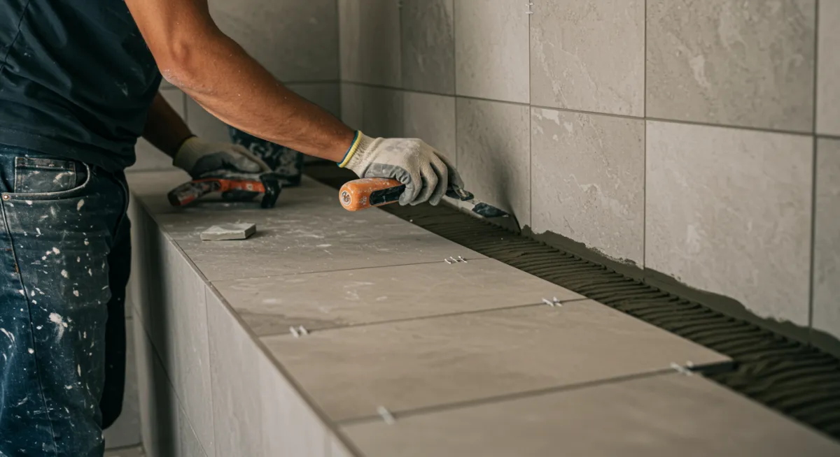 Skilled contractor installing tile during the finishing phase of a luxury custom home in San Diego, showcasing detailed craftsmanship
