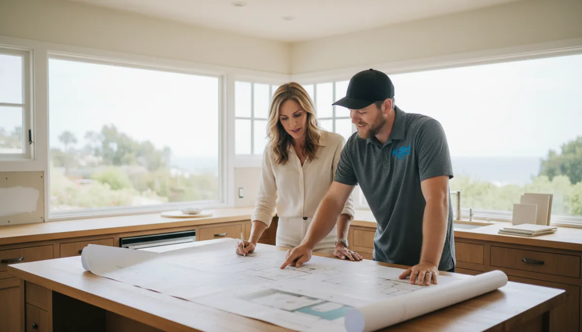 Homeowner and contractor reviewing renovation plans during the planning phase of a whole home remodel in San Diego