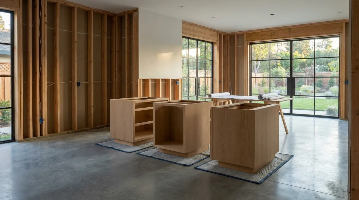 Kitchen remodel planning and preparation phase in San Diego with layout measurements and organized jobsite