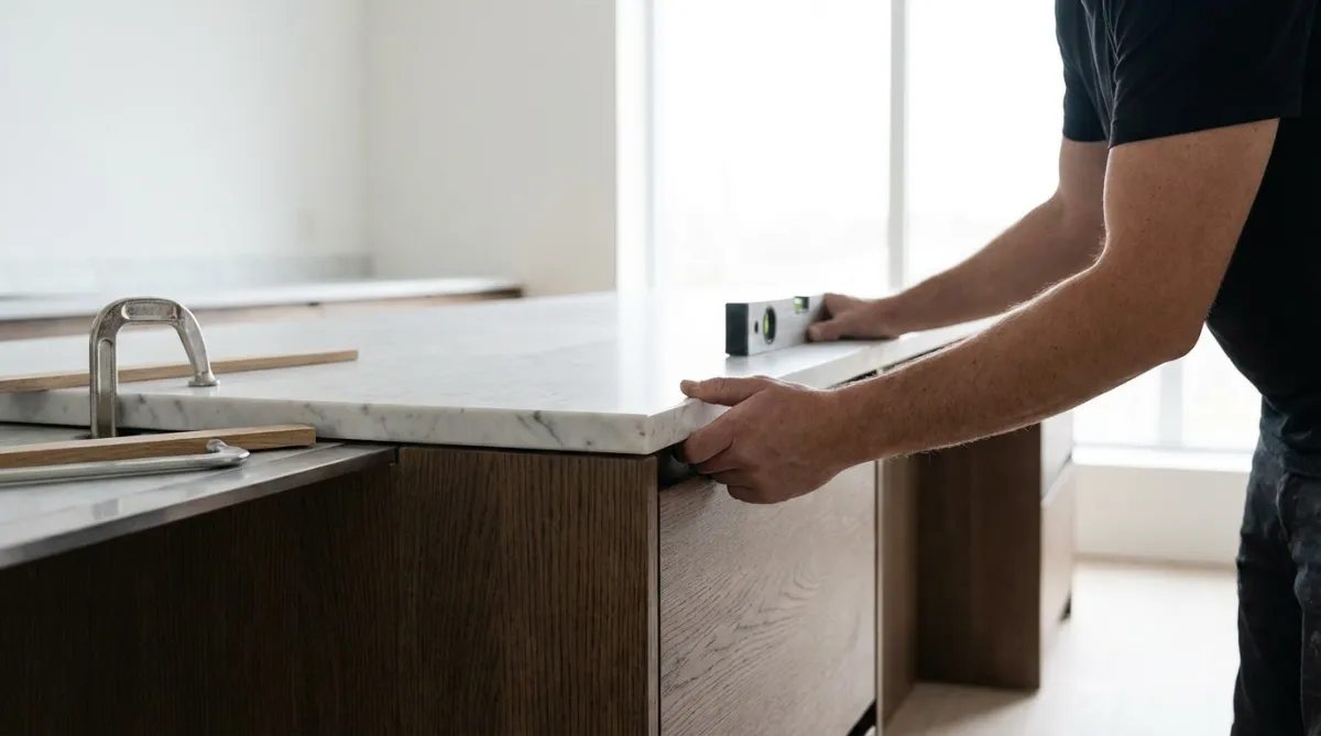 Detailed kitchen finishing work in a luxury remodel with cabinetry and countertop installation in San Diego