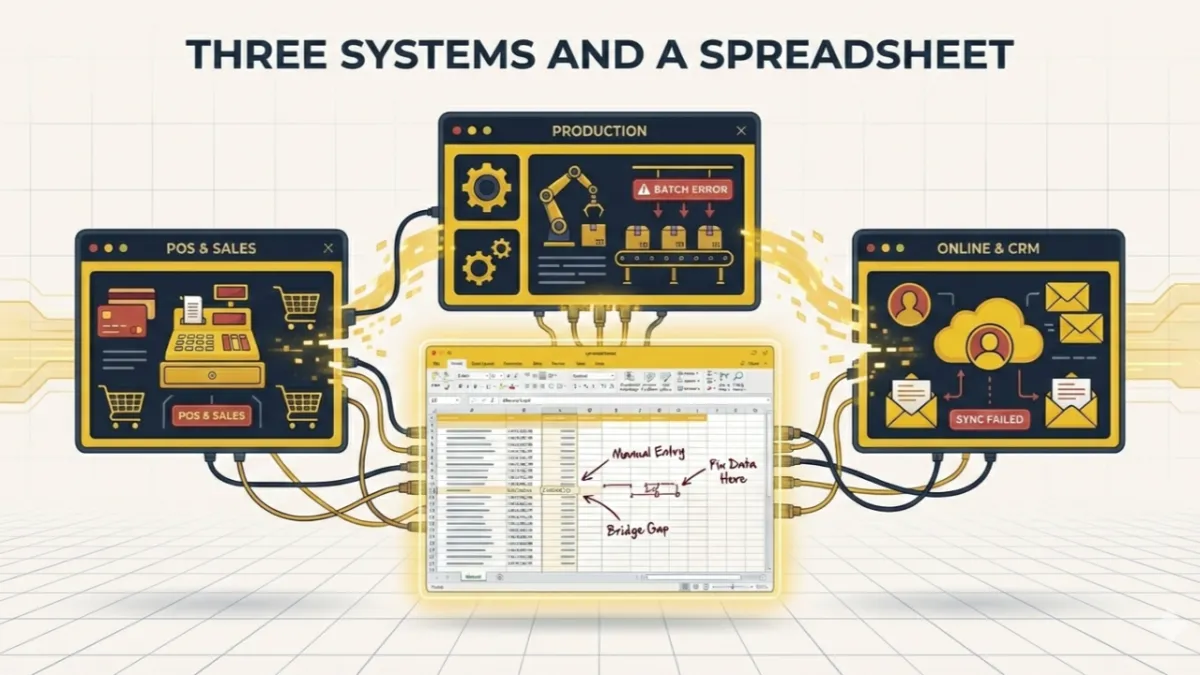 Business owner managing disconnected software systems and spreadsheets