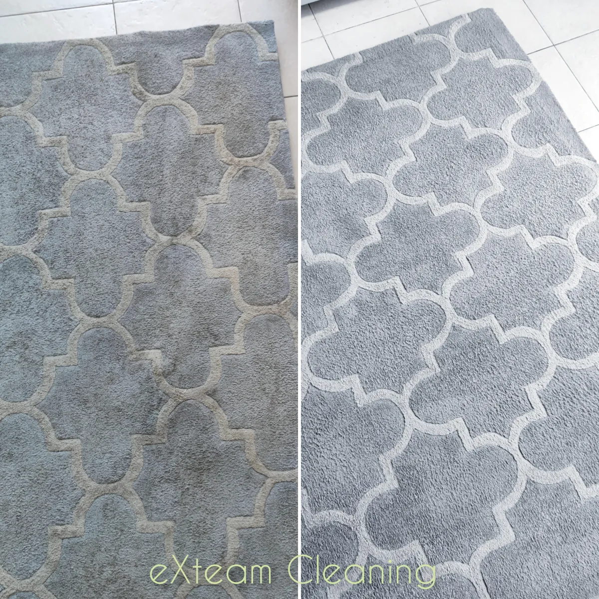 Recent local cleaning results. Before and after rug cleaning showing deep stain removal and restored fibres in a local Bognor Regis home.
