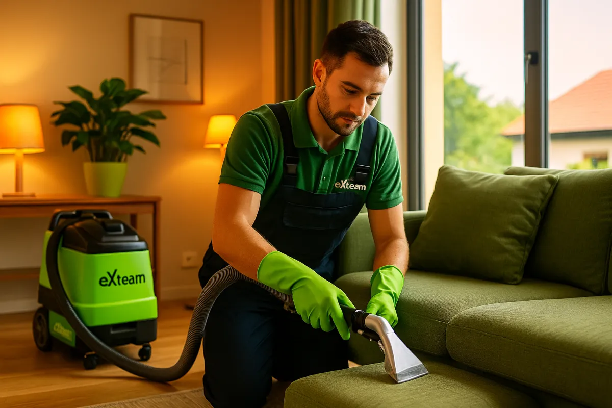 Technician performing sofa cleaning in Chichester home
