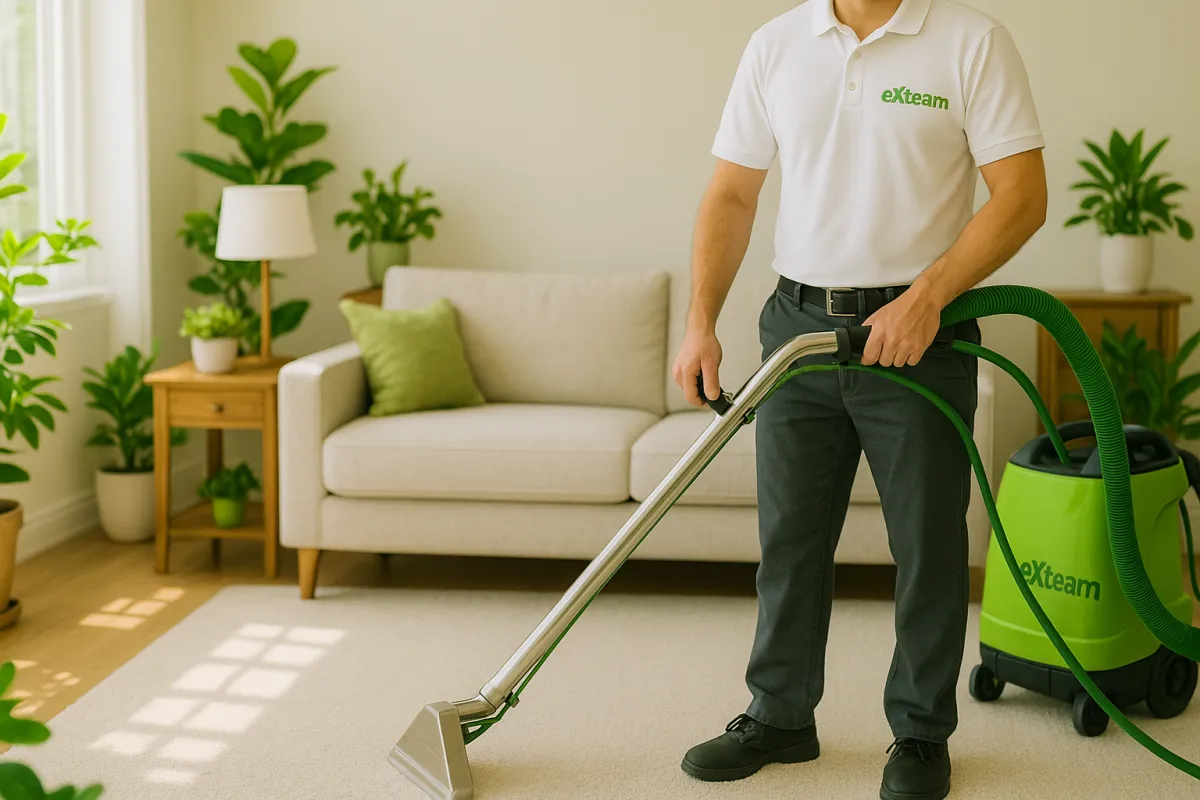 Carpet cleaning technician deep-cleaning a living room