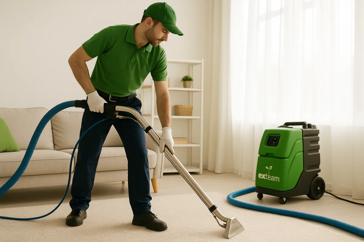 Technician performing carpet cleaning in Bognor Regis living room