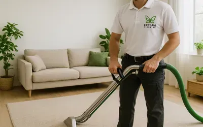Technician performing carpet cleaning in Worthing living room