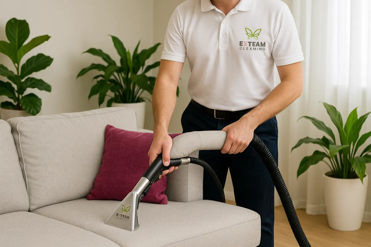 Technician performing sofa cleaning in home at Littlehampton