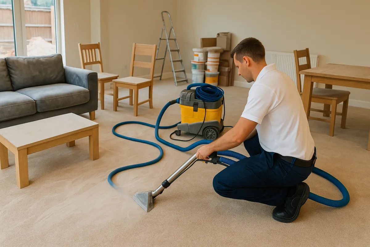 After builders cleaning removing dust and residue following renovation work