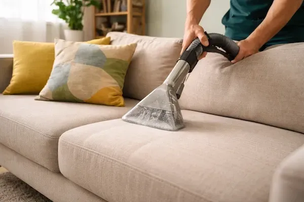 Technician performing sofa cleaning in home at Bognor Regis