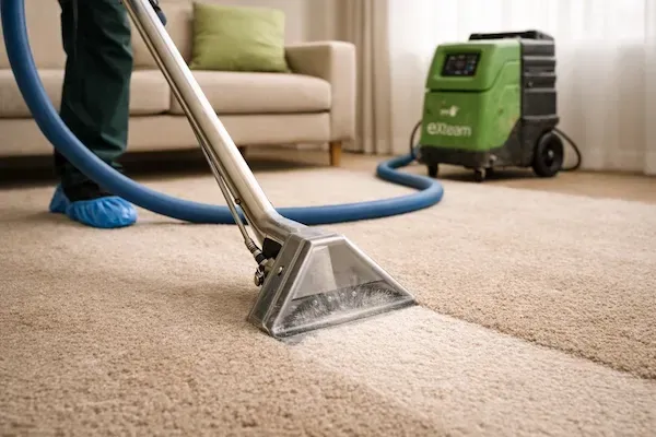 Technician performing carpet cleaning in Bognor Regis living room