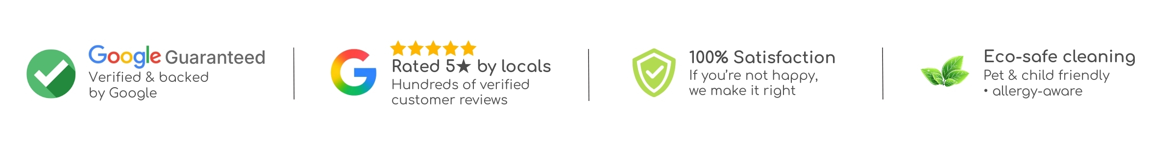 Trust badges showing Google Guaranteed, 5-star customer reviews, 100% satisfaction guarantee, and eco-safe cleaning