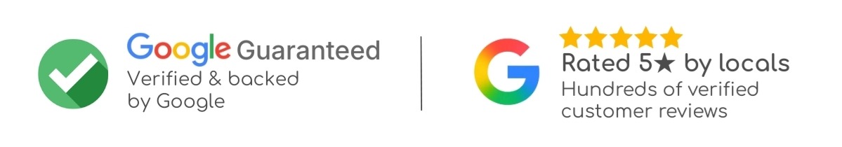 Trust badges showing Google Guaranteed, 5-star customer reviews, 100% satisfaction guarantee, and eco-safe cleaning