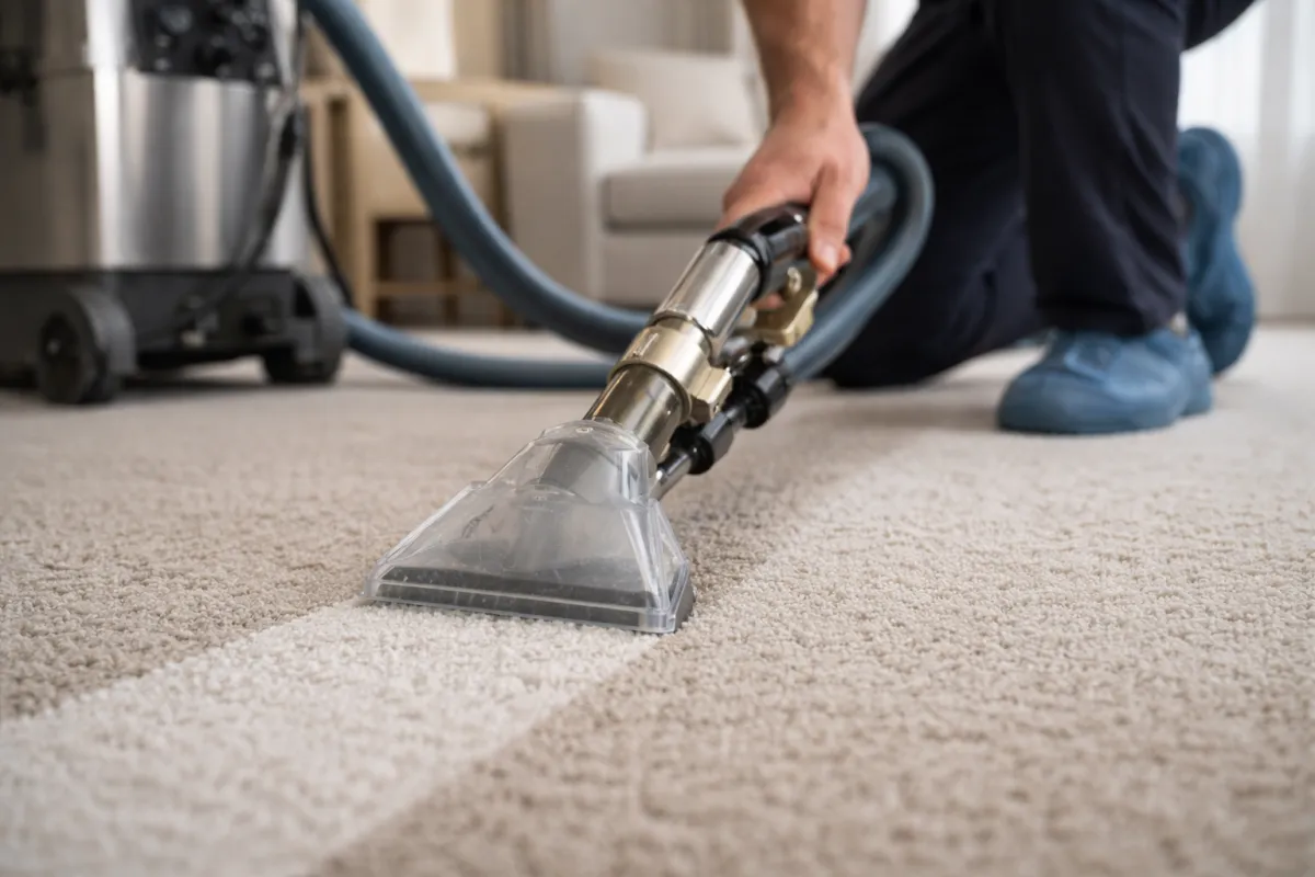 Close-up of extraction wand applying a controlled hot water extraction pass with even moisture control.