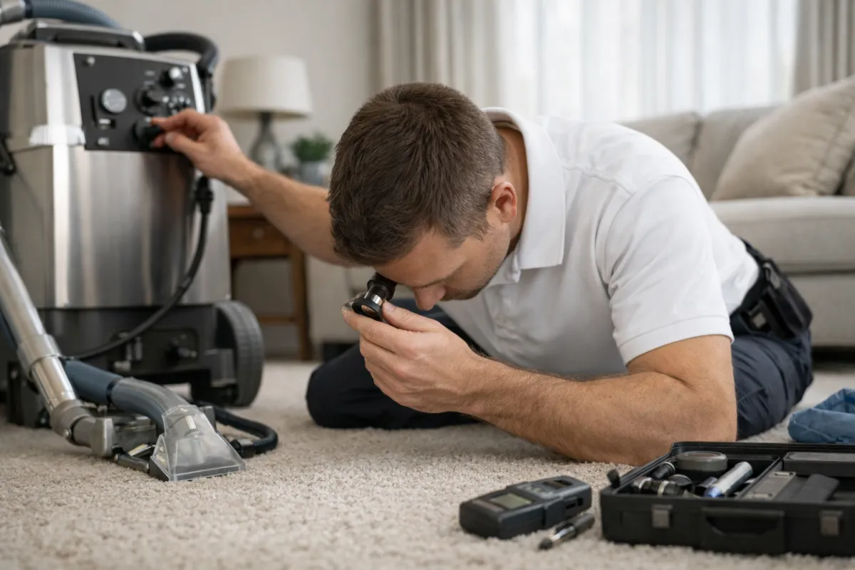Carpet cleaning technician inspecting carpet fibres during pre-cleaning assessment to identify fibre type and risk factors.
