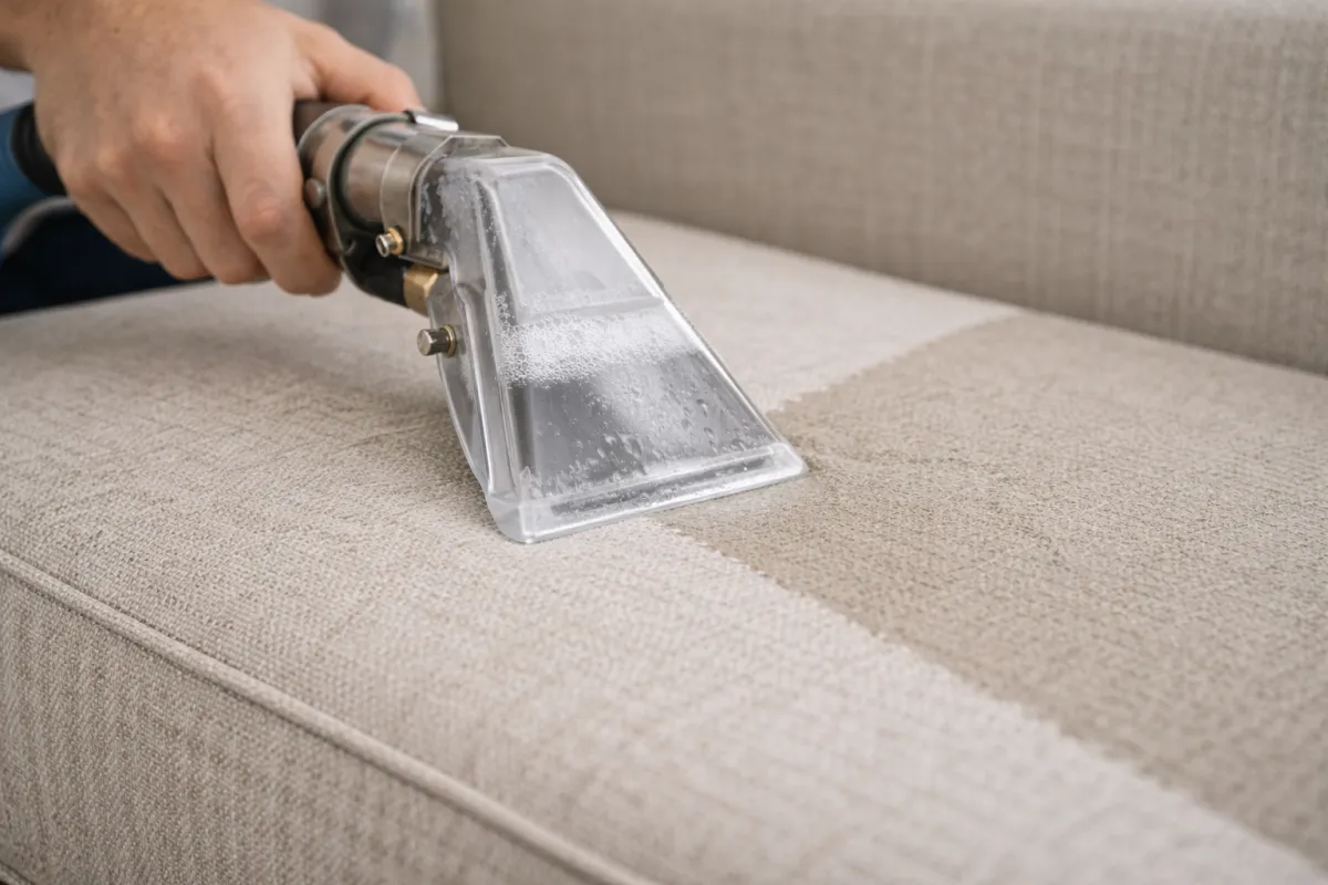 Upholstery extraction hand tool on cushion with visible controlled moisture line.