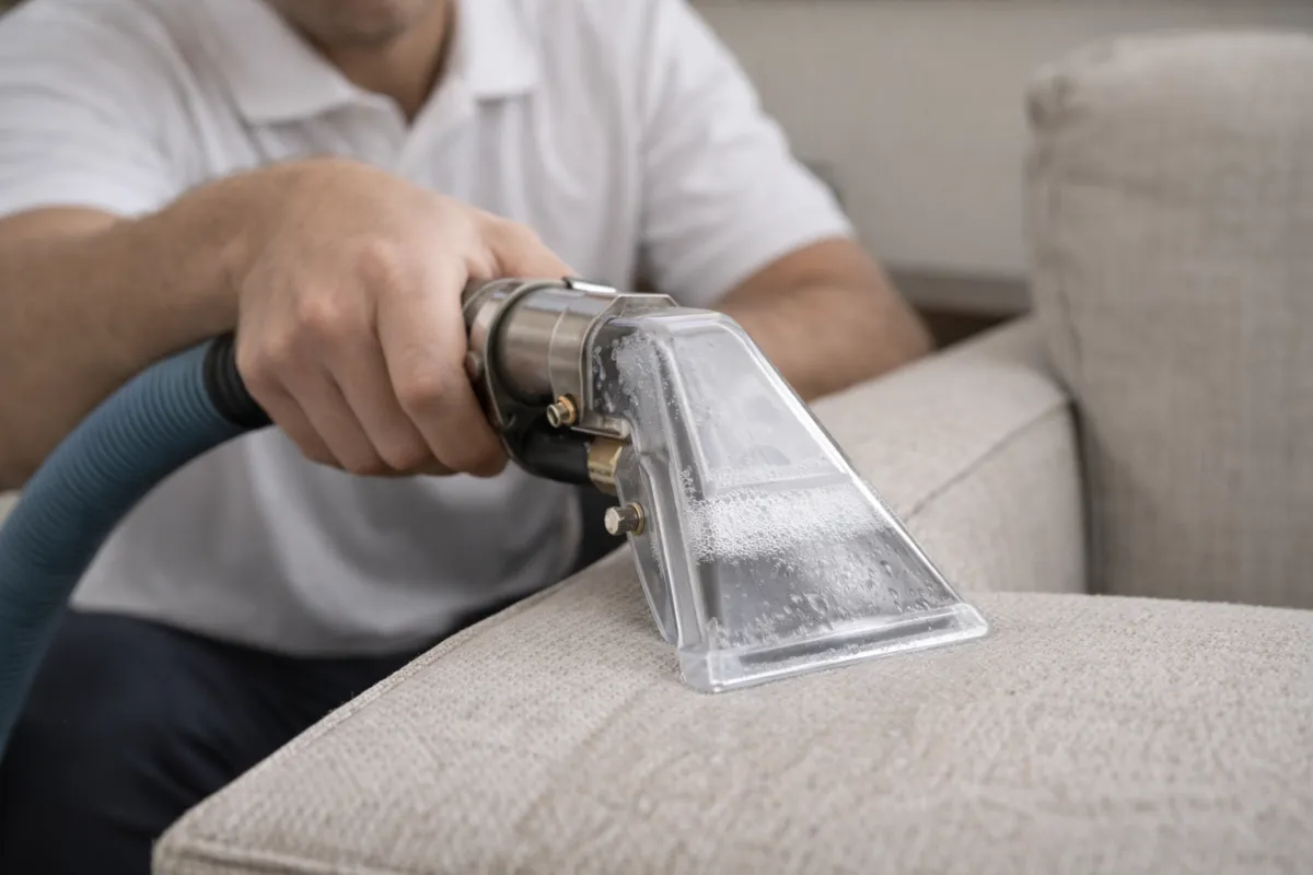 Professional upholstery extraction using a hand tool with controlled application and high recovery to protect fabric texture and cushion stability.