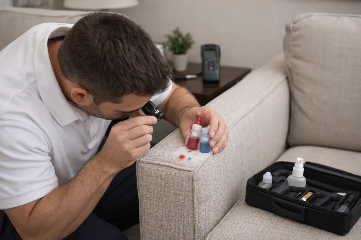 Technician performing upholstery fabric inspection and dye stability test on a sofa armrest before cleaning.