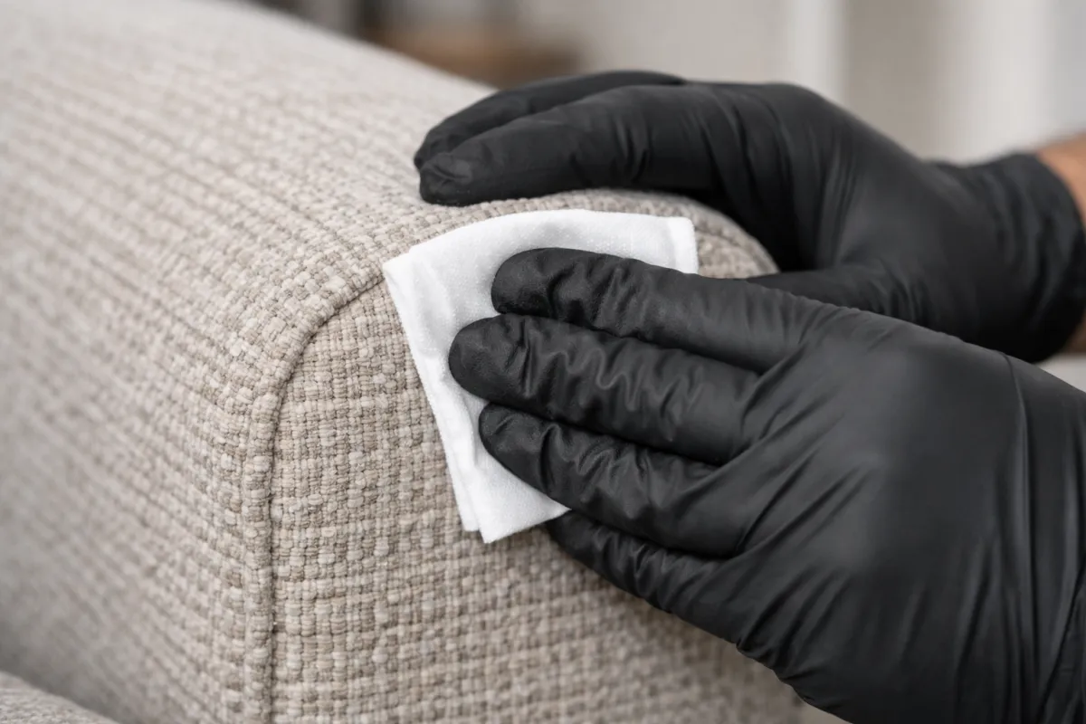Close-up of dye stability test on sofa armrest using white cloth before upholstery cleaning.