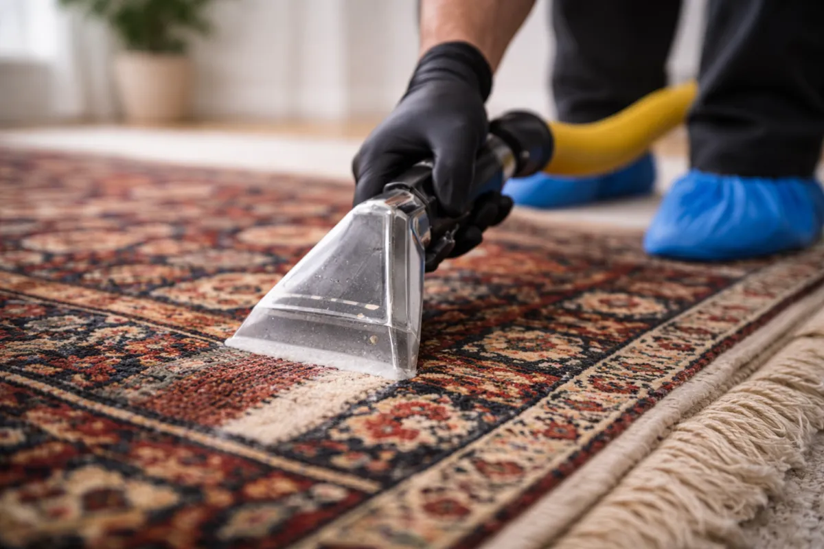 Professional rug cleaning using controlled moisture and high-recovery extraction to protect fibres, dyes, and rug backing.