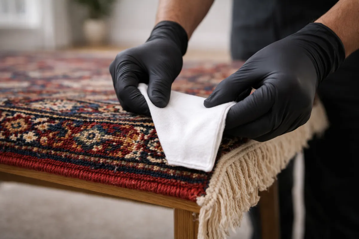 Professional rug cleaning technician performing a dye stability test on a Persian rug before cleaning.