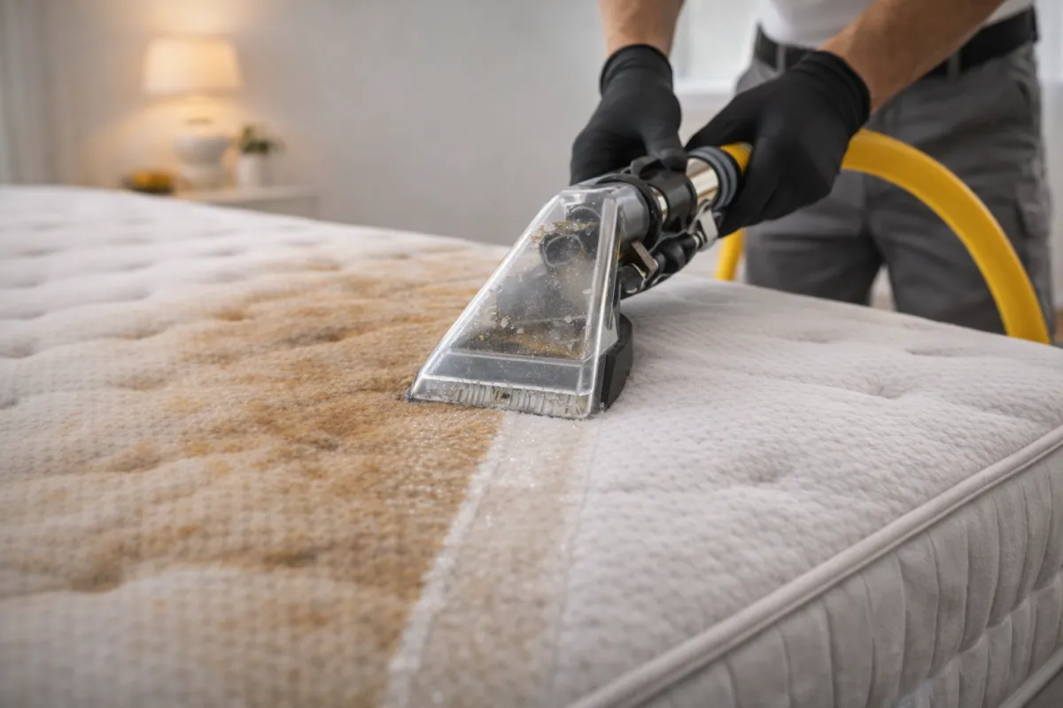 Professional mattress extraction using a hand tool.