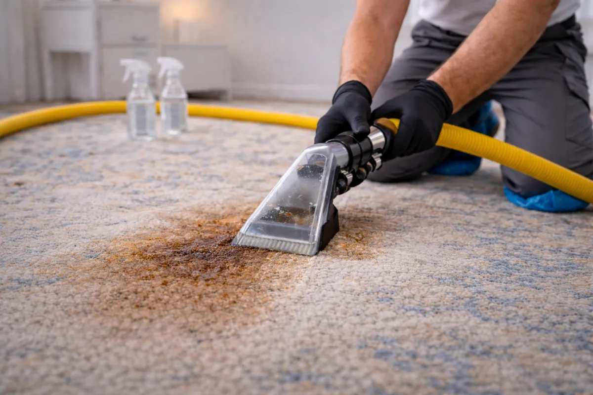 Close-up of professional extraction tool lifting moisture from carpet